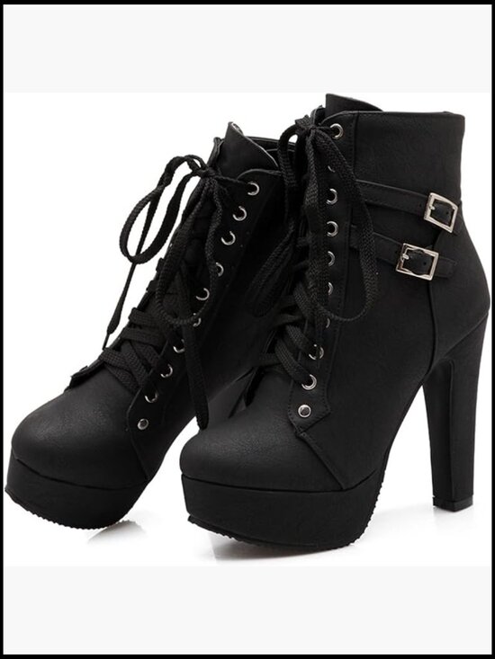 Shoes - Chunky Heel Platform Lace Up Biker Boots Y2K Retro Combat Ankle Booties